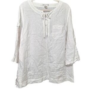 VTG Bohemian Lace Up 100% Linen Tunic Blouse Plus Size Cambridge Woman 1X Summer